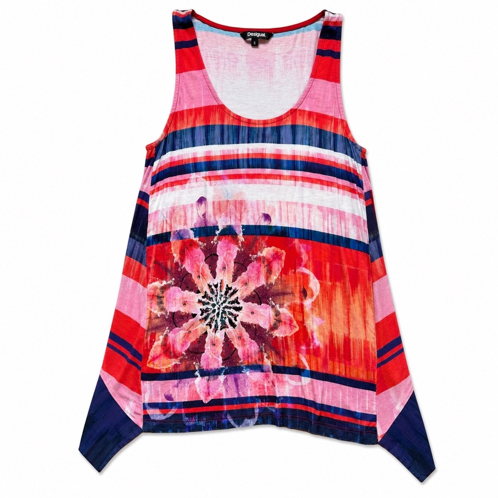 Desigual Womens Red Pink Striped Floral Rhinestone Sharkbite Tank Top Small